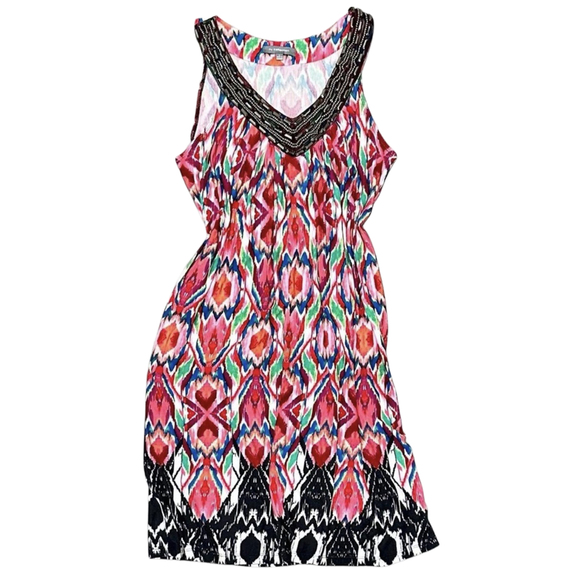 NY Collection Dresses & Skirts - NY Collection Colorful Ikat  tribal hippie sleeveless v-neck beaded sheath sleev